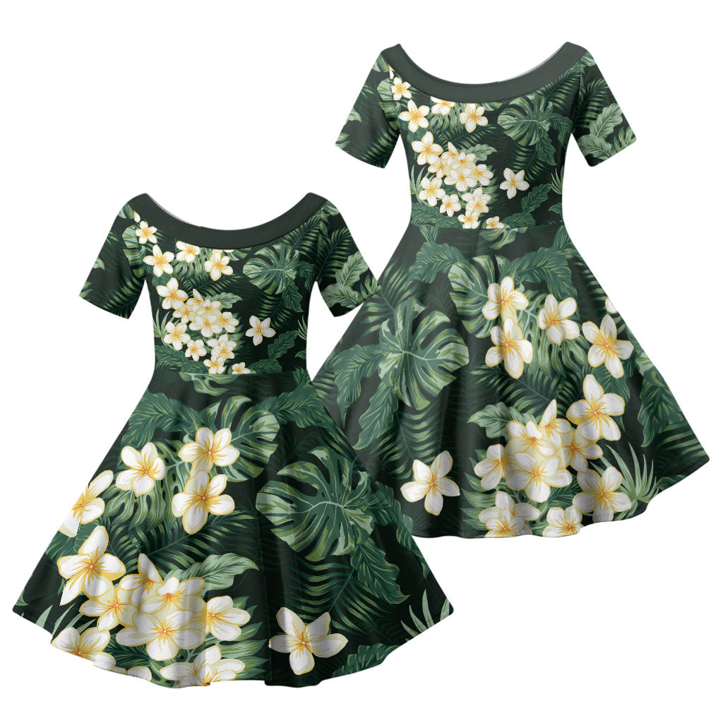 Hawaii Plumeria Tropical Leaves Family Matching Off Shoulder Short Dress and Hawaiian Shirt Monstera Calathea Palm Fronds