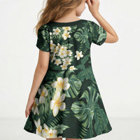 Hawaii Plumeria Tropical Leaves Kid Short Sleeve Dress Monstera Calathea Palm Fronds