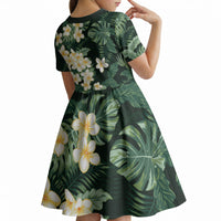 Hawaii Plumeria Tropical Leaves Kid Short Sleeve Dress Monstera Calathea Palm Fronds