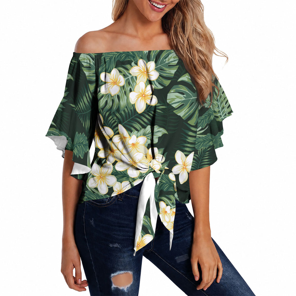 Hawaii Plumeria Tropical Leaves Off Shoulder Wrap Waist Top Monstera Calathea Palm Fronds