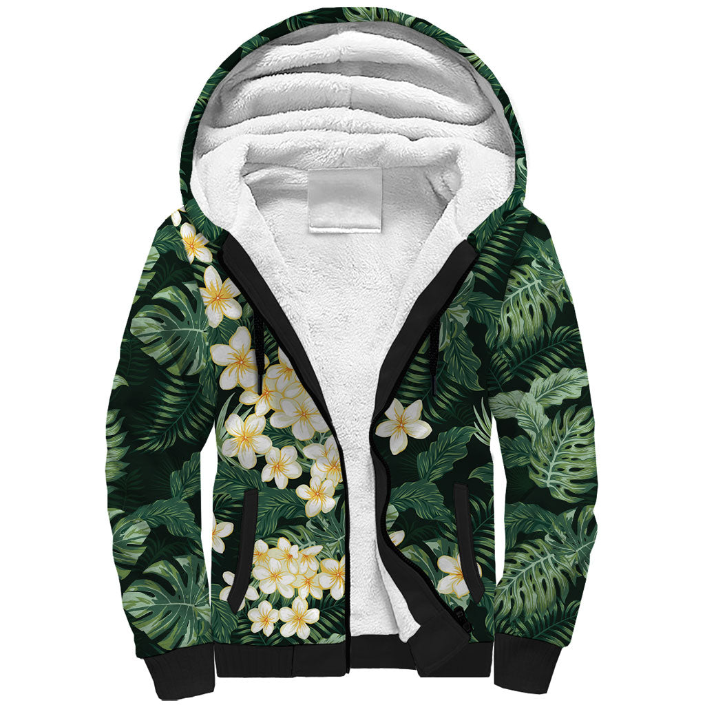Hawaii Plumeria Tropical Leaves Sherpa Hoodie Monstera Calathea Palm Fronds
