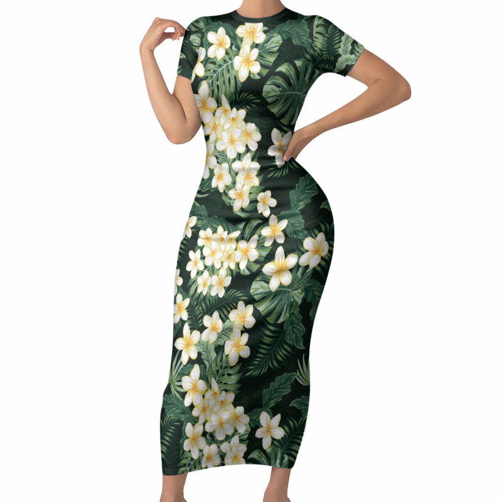 Hawaii Plumeria Tropical Leaves Short Sleeve Bodycon Dress Monstera Calathea Palm Fronds