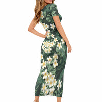 Hawaii Plumeria Tropical Leaves Short Sleeve Bodycon Dress Monstera Calathea Palm Fronds