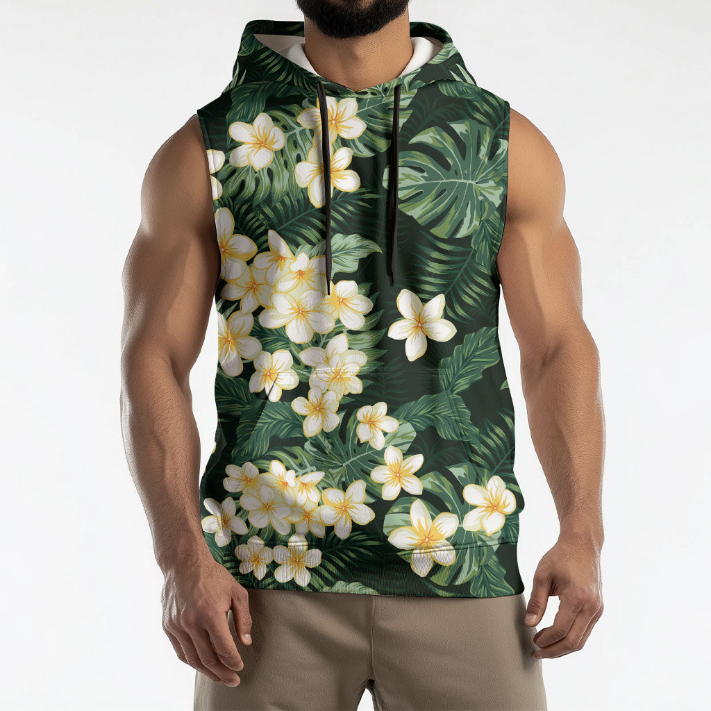 Hawaii Plumeria Tropical Leaves Sleeveless Hoodie Monstera Calathea Palm Fronds