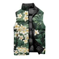 Hawaii Plumeria Tropical Leaves Sleeveless Puffer Jacket Monstera Calathea Palm Fronds