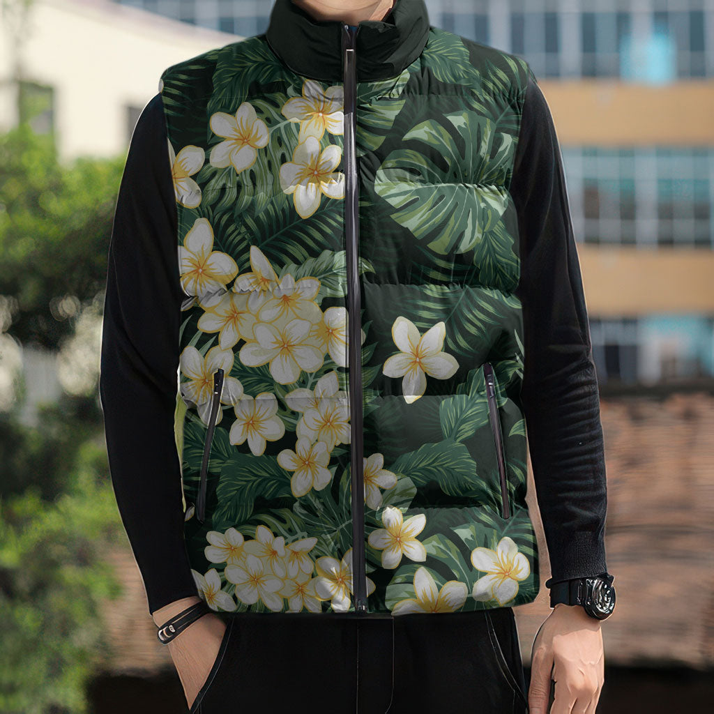 Hawaii Plumeria Tropical Leaves Sleeveless Puffer Jacket Monstera Calathea Palm Fronds