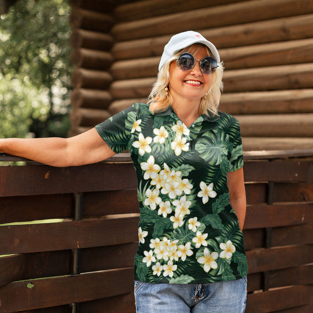 Hawaii Plumeria Tropical Leaves Women Polo Shirt Monstera Calathea Palm Fronds