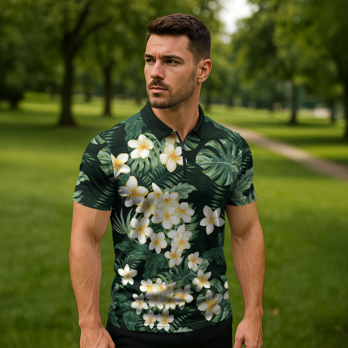 Hawaii Plumeria Tropical Leaves Zipper Polo Shirt Monstera Calathea Palm Fronds