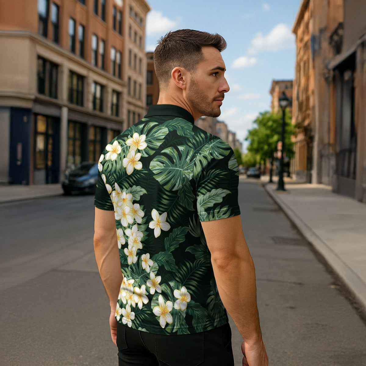 Hawaii Plumeria Tropical Leaves Zipper Polo Shirt Monstera Calathea Palm Fronds