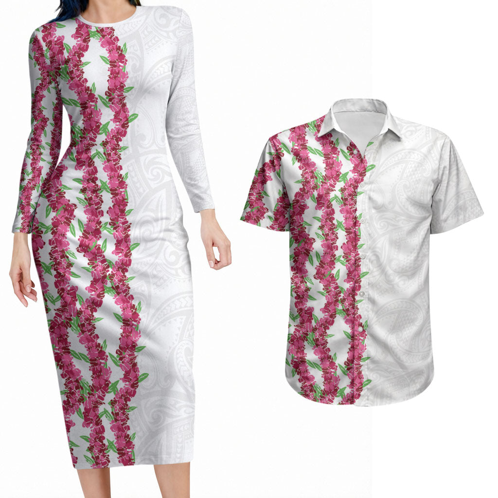 Hawaii Aalii Lei Couples Matching Long Sleeve Bodycon Dress and Hawaiian Shirt Aalii Ku Makani