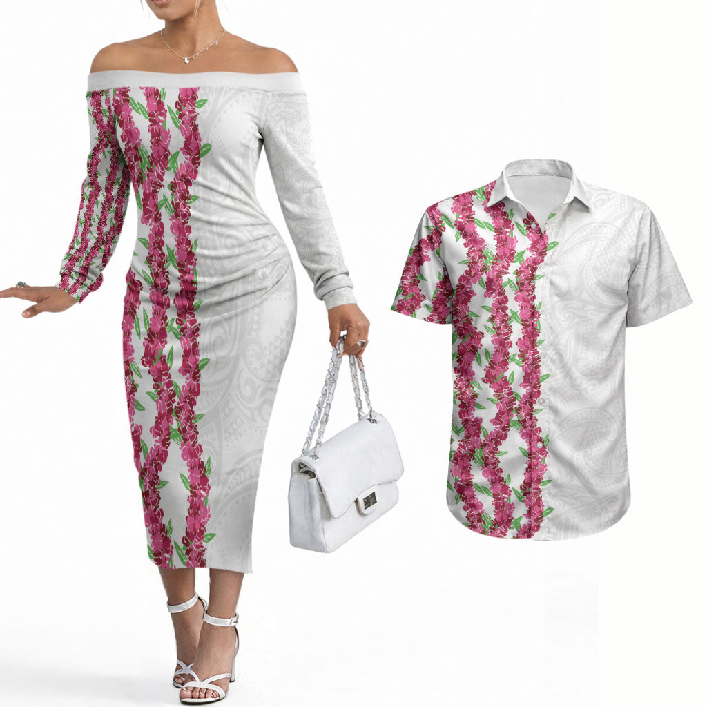 Hawaii Aalii Lei Couples Matching Off The Shoulder Long Sleeve Dress and Hawaiian Shirt Aalii Ku Makani LT01 White - Polynesian Pride