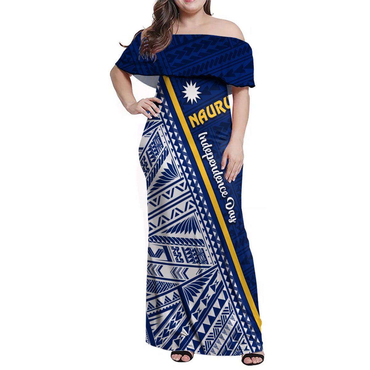 Nauru Independence Day Family Matching Off Shoulder Maxi Dress and Hawaiian Shirt Repubrikin Naoero Gods Will First LT01 Mom's Dress Blue - Polynesian Pride