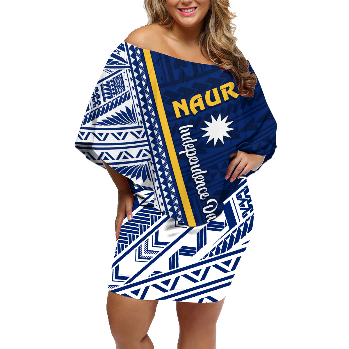 Nauru Independence Day Family Matching Off Shoulder Short Dress and Hawaiian Shirt Repubrikin Naoero Gods Will First LT01 Mom's Dress Blue - Polynesian Pride