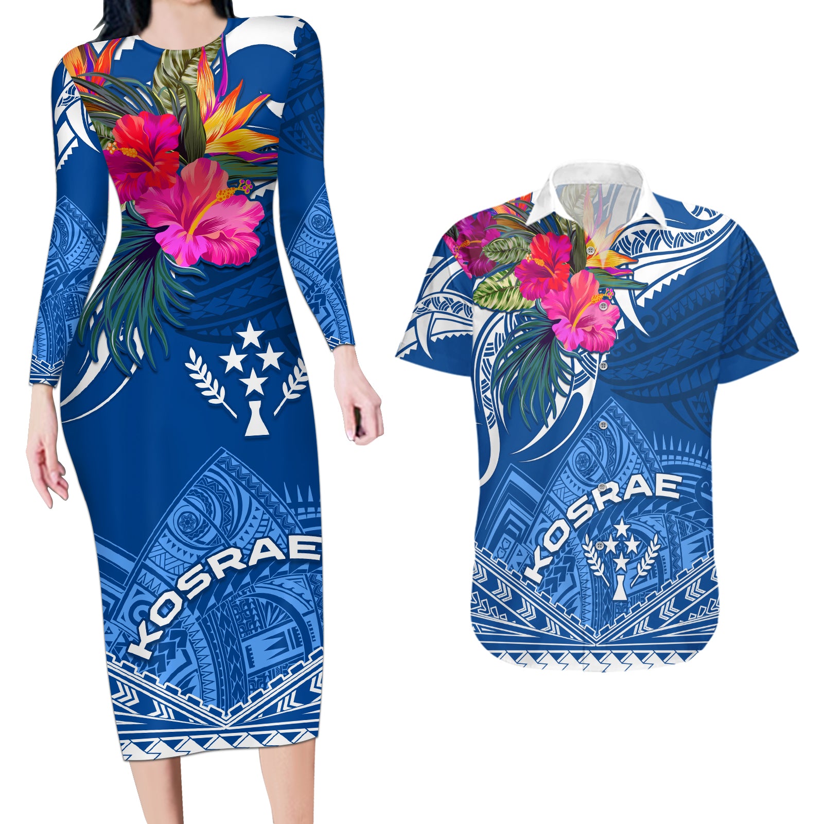 Kosrae Constitution Day Couples Matching Long Sleeve Bodycon Dress and Hawaiian Shirt Kusaie Special Style LT01 Blue - Polynesian Pride