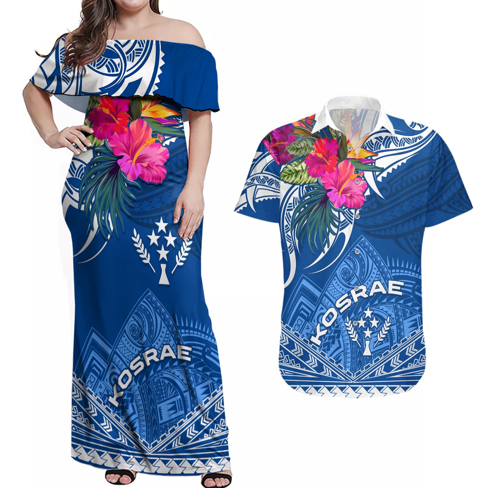 Kosrae Constitution Day Couples Matching Off Shoulder Maxi Dress and Hawaiian Shirt Kusaie Special Style LT01 Blue - Polynesian Pride