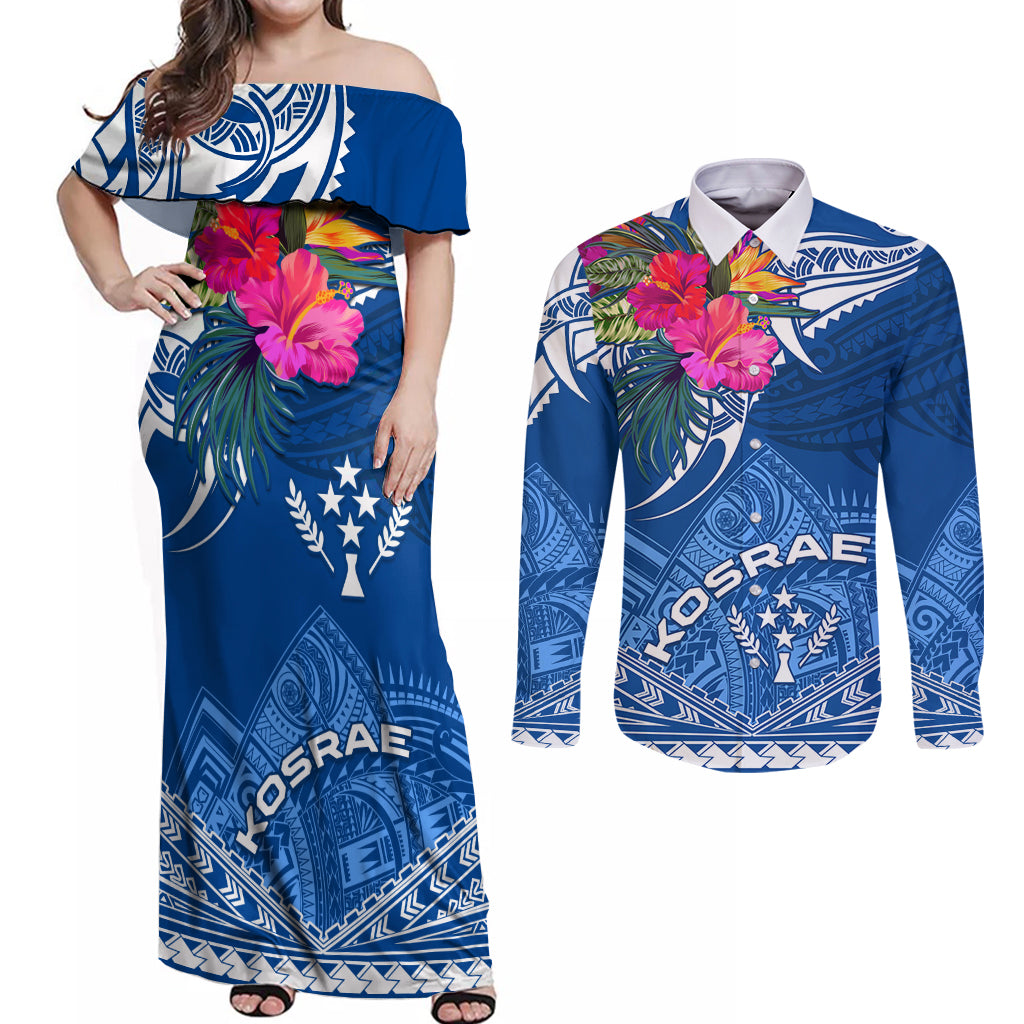 Kosrae Constitution Day Couples Matching Off Shoulder Maxi Dress and Long Sleeve Button Shirt Kusaie Special Style LT01 Blue - Polynesian Pride