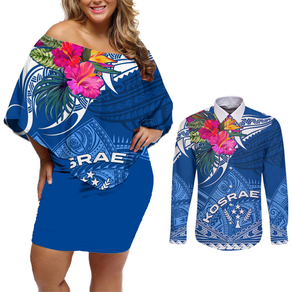 Kosrae Constitution Day Couples Matching Off Shoulder Short Dress and Long Sleeve Button Shirt Kusaie Special Style LT01 Blue - Polynesian Pride