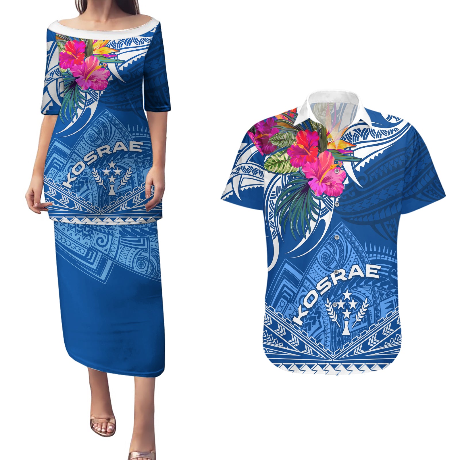 Kosrae Constitution Day Couples Matching Puletasi Dress and Hawaiian Shirt Kusaie Special Style LT01 Blue - Polynesian Pride