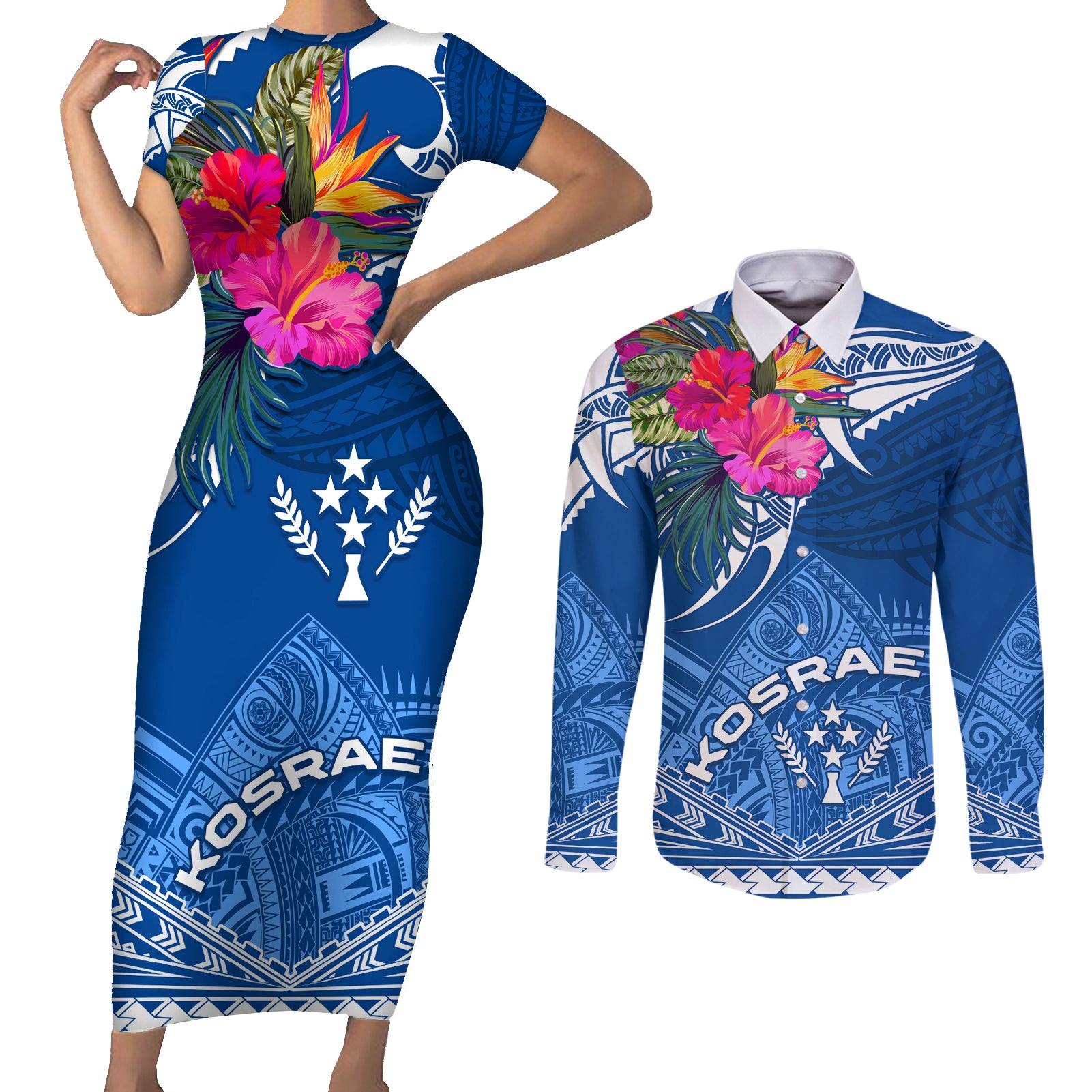 Kosrae Constitution Day Couples Matching Short Sleeve Bodycon Dress and Long Sleeve Button Shirt Kusaie Special Style LT01 Blue - Polynesian Pride