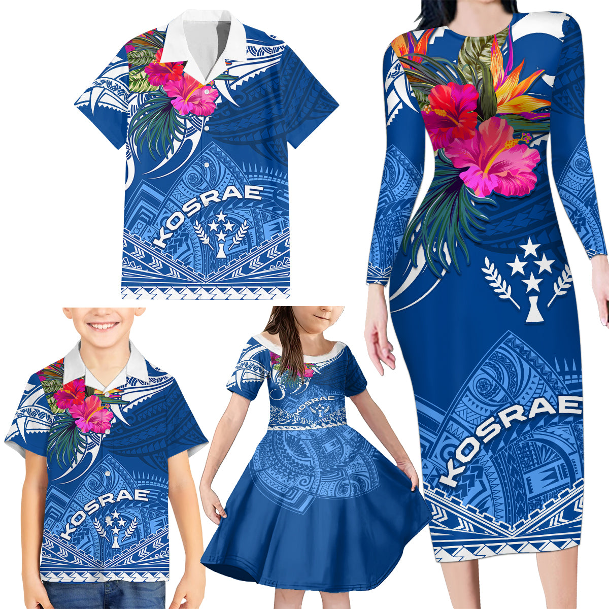 Kosrae Constitution Day Family Matching Long Sleeve Bodycon Dress and Hawaiian Shirt Kusaie Special Style LT01 - Polynesian Pride