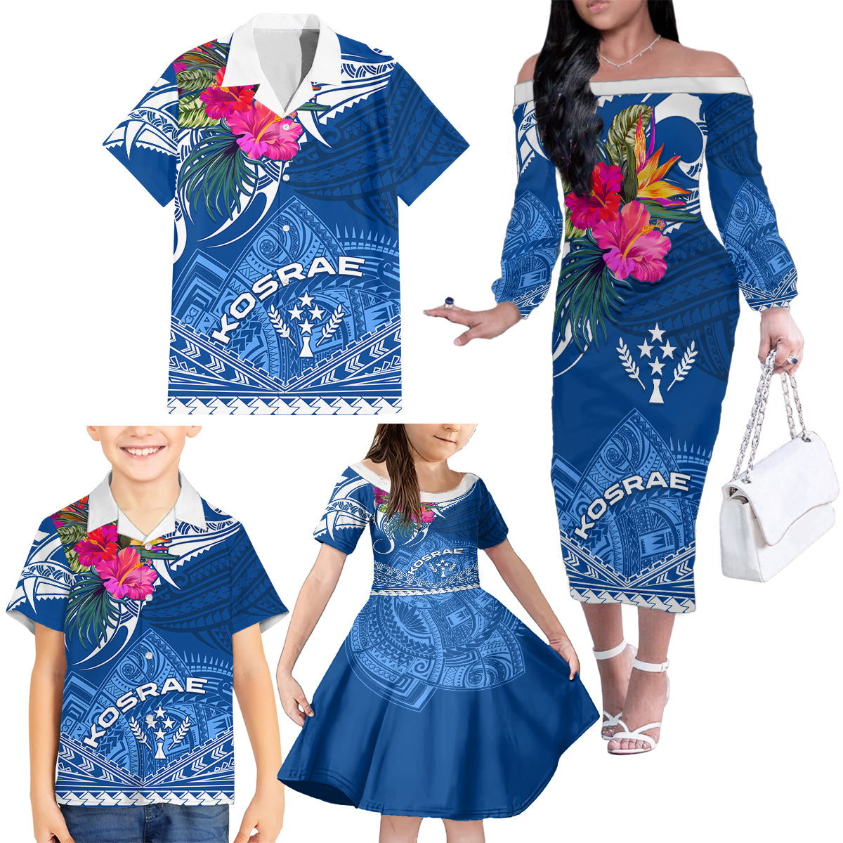 Kosrae Constitution Day Family Matching Off Shoulder Long Sleeve Dress and Hawaiian Shirt Kusaie Special Style LT01 - Polynesian Pride