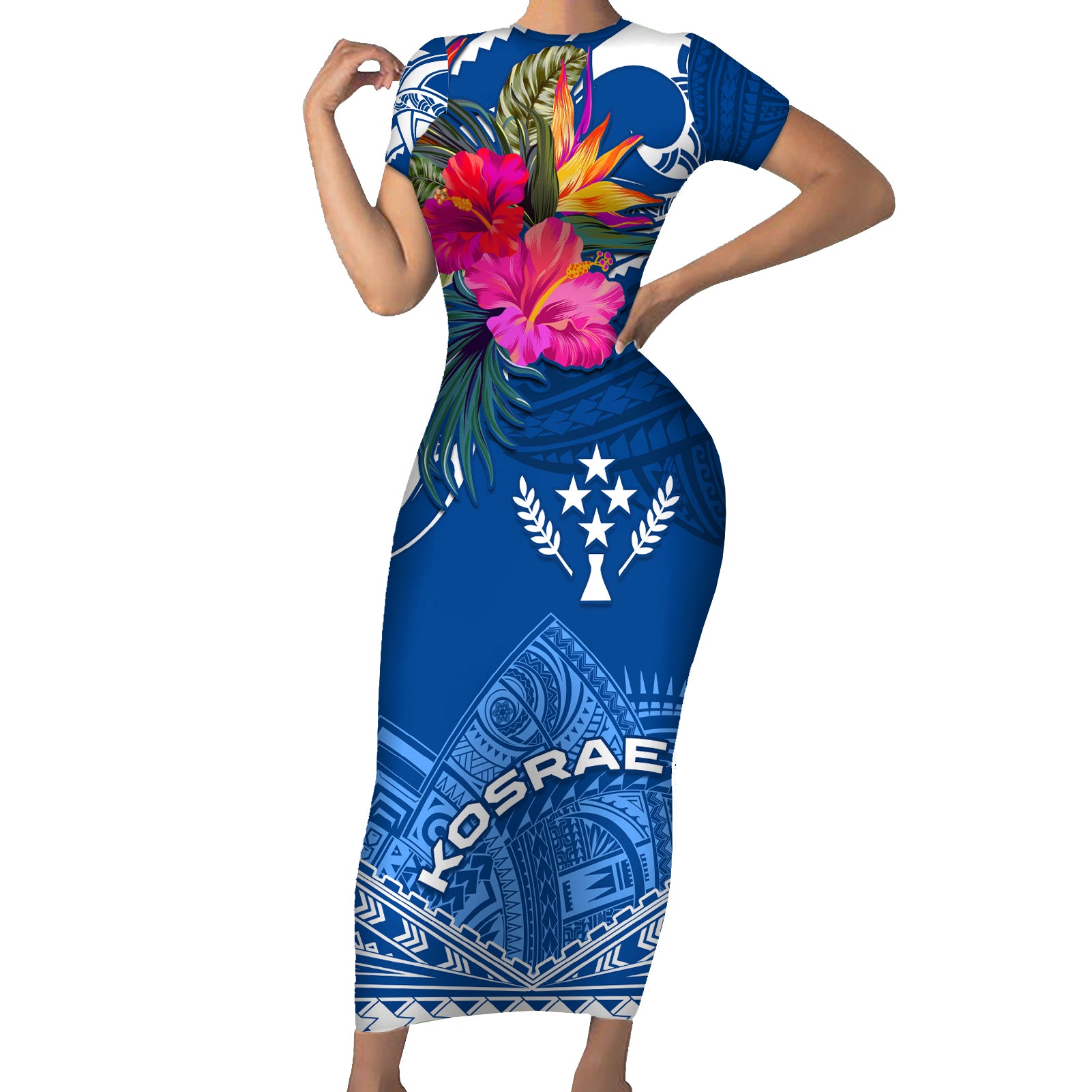 Kosrae Constitution Day Short Sleeve Bodycon Dress Kusaie Special Style LT01 Long Dress Blue - Polynesian Pride