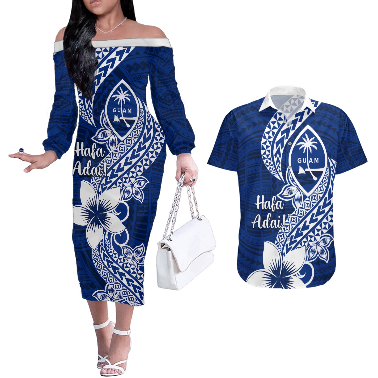 Hafa Adai Guam Couples Matching Off The Shoulder Long Sleeve Dress and Hawaiian Shirt Polynesian Floral Blue Pattern LT01 Blue - Polynesian Pride