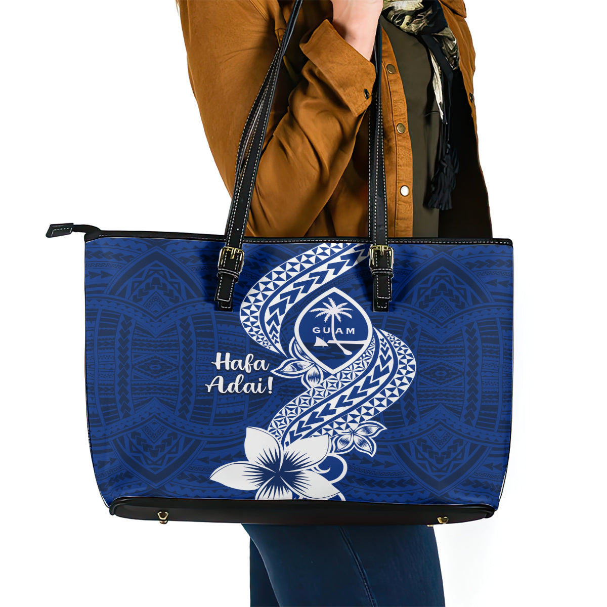 Hafa Adai Guam Leather Tote Bag Polynesian Floral Blue Pattern LT01 - Polynesian Pride