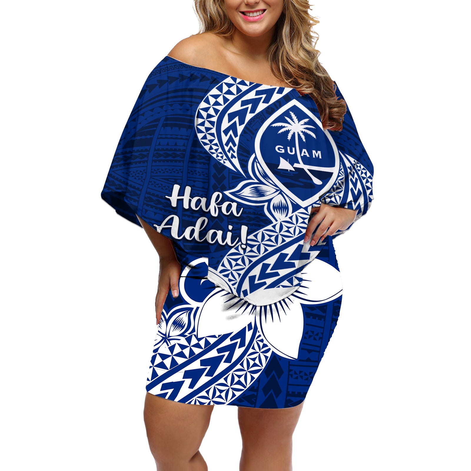 Hafa Adai Guam Off Shoulder Short Dress Polynesian Floral Blue Pattern LT01 Women Blue - Polynesian Pride