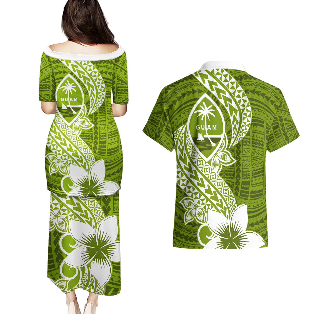 Hafa Adai Guam Couples Matching Puletasi Dress and Hawaiian Shirt Polynesian Olive Green Blue Pattern LT01 - Polynesian Pride