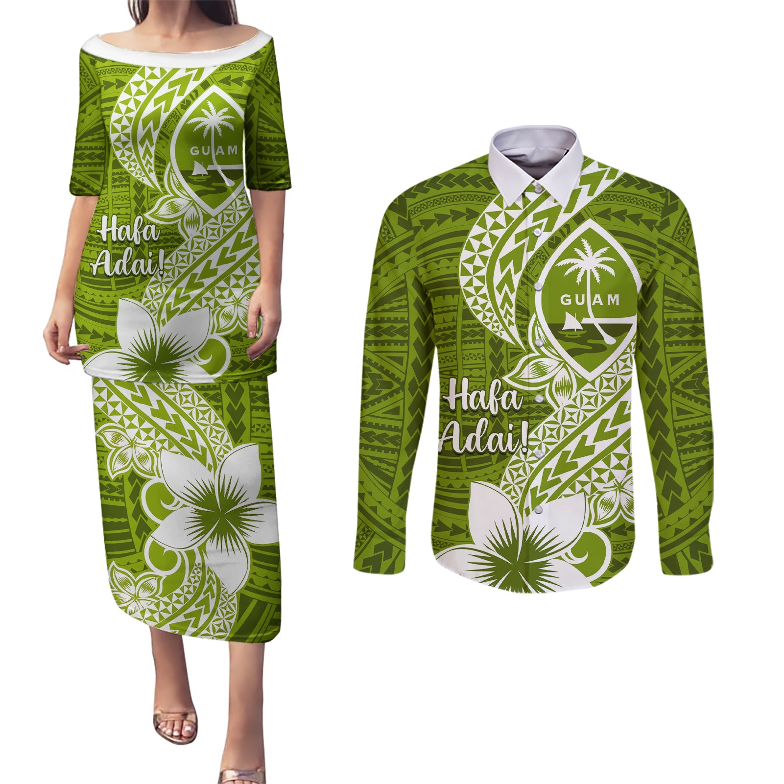 Hafa Adai Guam Couples Matching Puletasi Dress and Long Sleeve Button Shirt Polynesian Olive Green Blue Pattern LT01 Green - Polynesian Pride