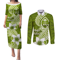 Hafa Adai Guam Couples Matching Puletasi Dress and Long Sleeve Button Shirt Polynesian Olive Green Blue Pattern LT01 Green - Polynesian Pride