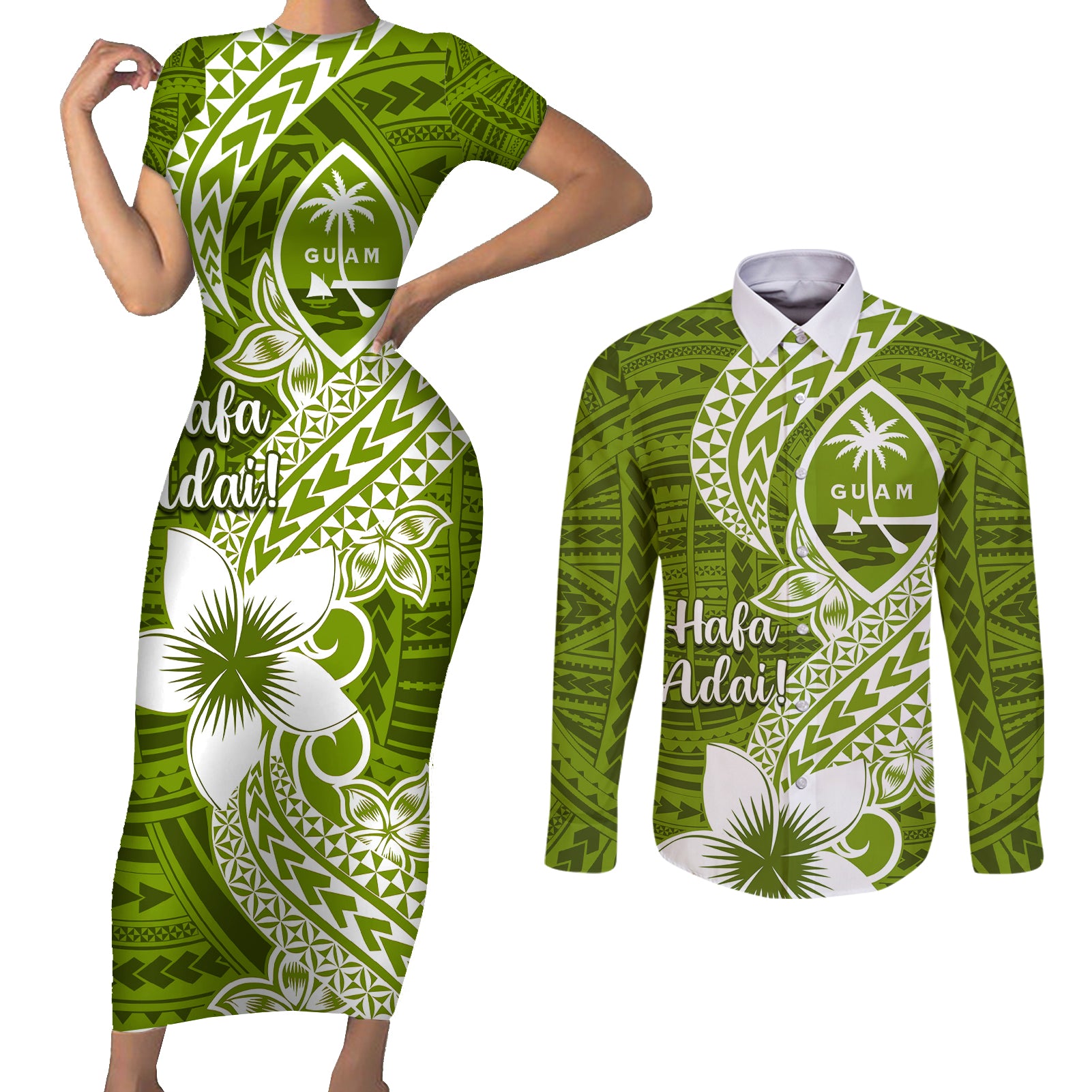 Hafa Adai Guam Couples Matching Short Sleeve Bodycon Dress and Long Sleeve Button Shirt Polynesian Olive Green Blue Pattern LT01 Green - Polynesian Pride