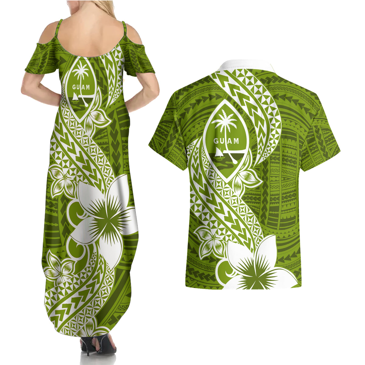 Hafa Adai Guam Couples Matching Summer Maxi Dress and Hawaiian Shirt Polynesian Olive Green Blue Pattern LT01 - Polynesian Pride