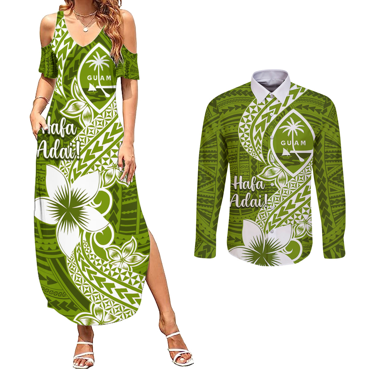 Hafa Adai Guam Couples Matching Summer Maxi Dress and Long Sleeve Button Shirt Polynesian Olive Green Blue Pattern LT01 Green - Polynesian Pride