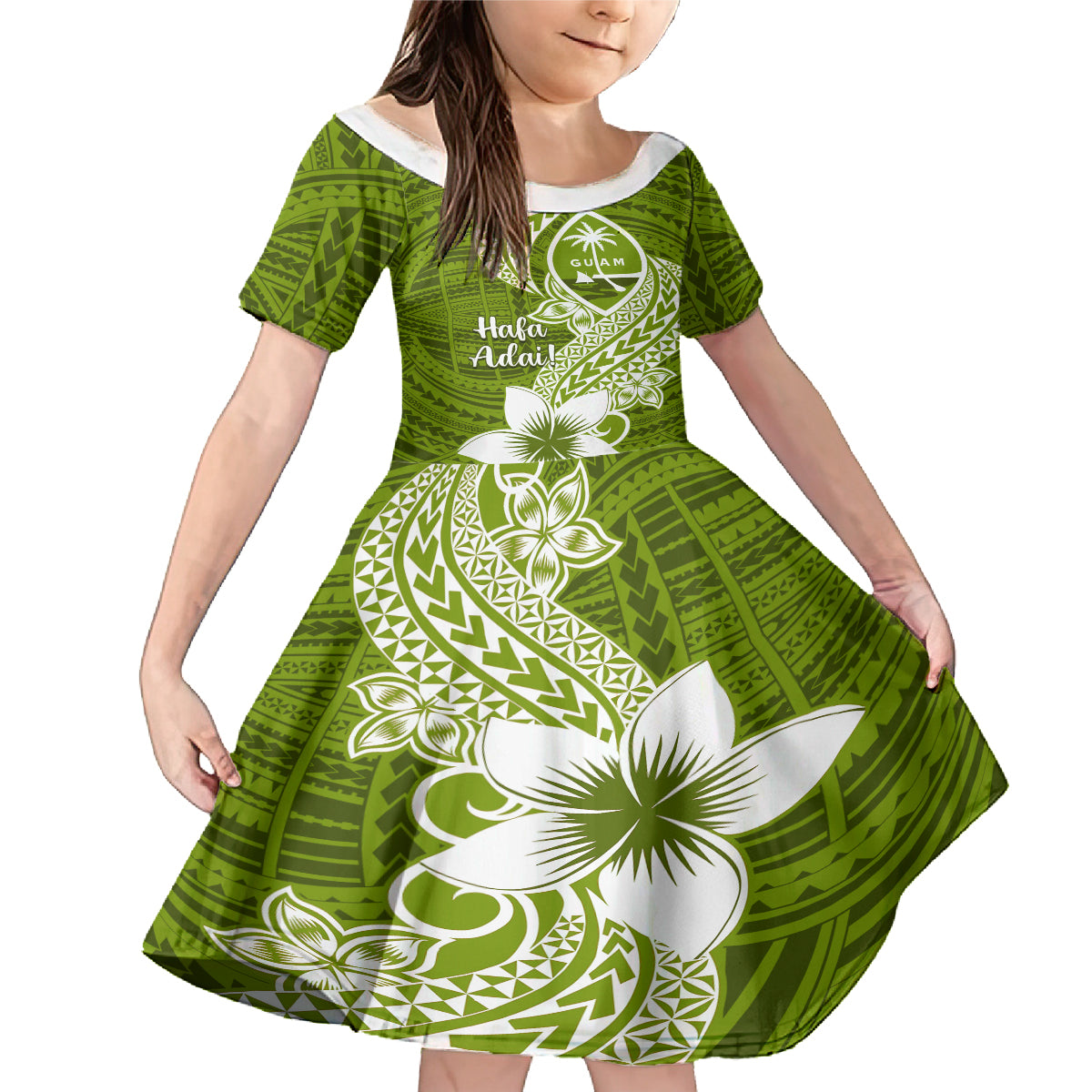 Hafa Adai Guam Family Matching Mermaid Dress and Hawaiian Shirt Polynesian Olive Green Blue Pattern LT01 Daughter's Dress Green - Polynesian Pride