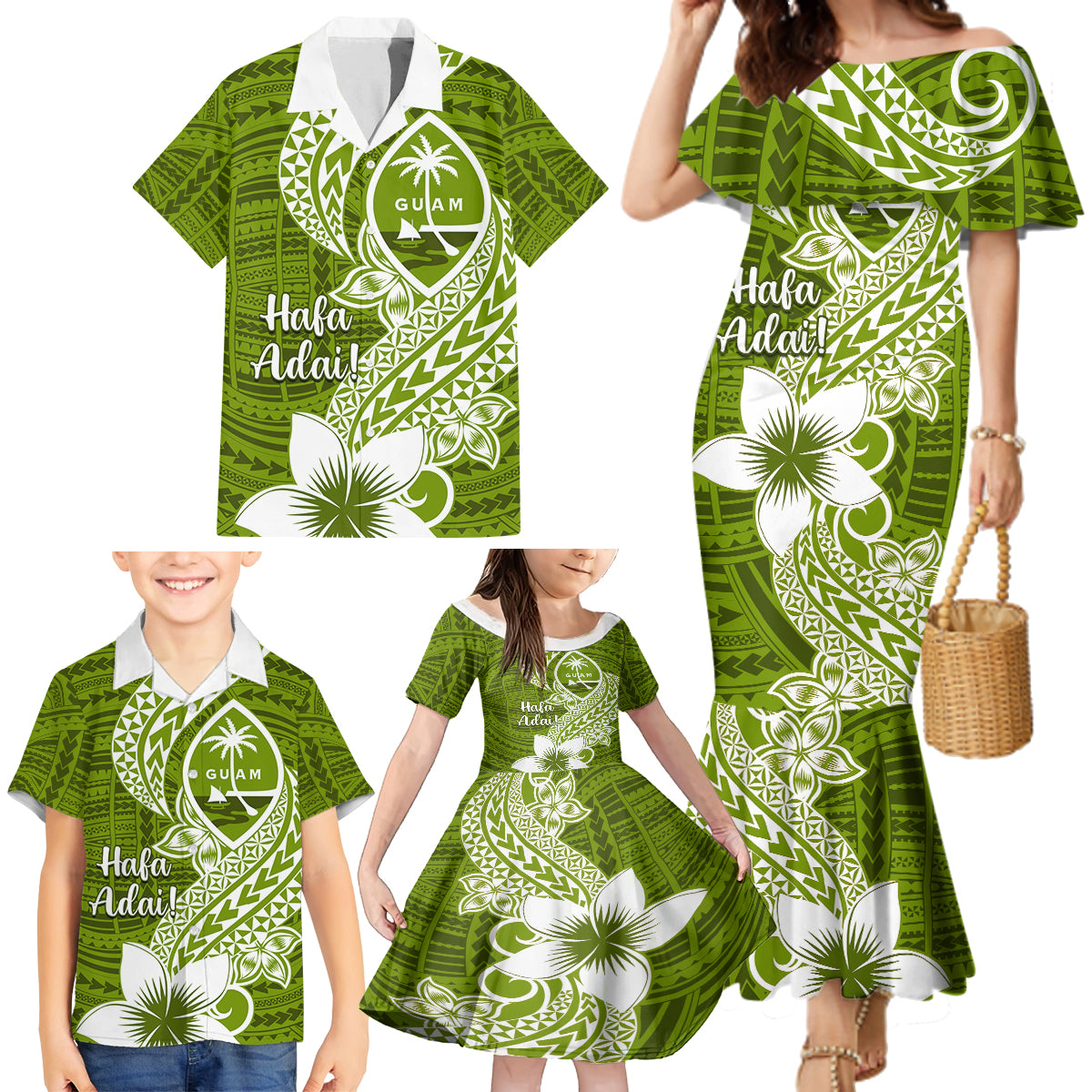 Hafa Adai Guam Family Matching Mermaid Dress and Hawaiian Shirt Polynesian Olive Green Blue Pattern LT01 - Polynesian Pride