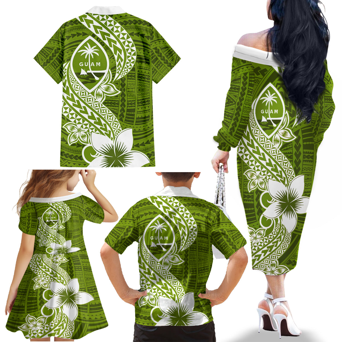 Hafa Adai Guam Family Matching Off Shoulder Long Sleeve Dress and Hawaiian Shirt Polynesian Olive Green Blue Pattern LT01 - Polynesian Pride