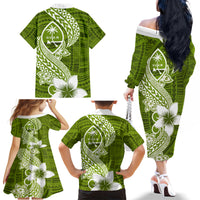 Hafa Adai Guam Family Matching Off Shoulder Long Sleeve Dress and Hawaiian Shirt Polynesian Olive Green Blue Pattern LT01 - Polynesian Pride