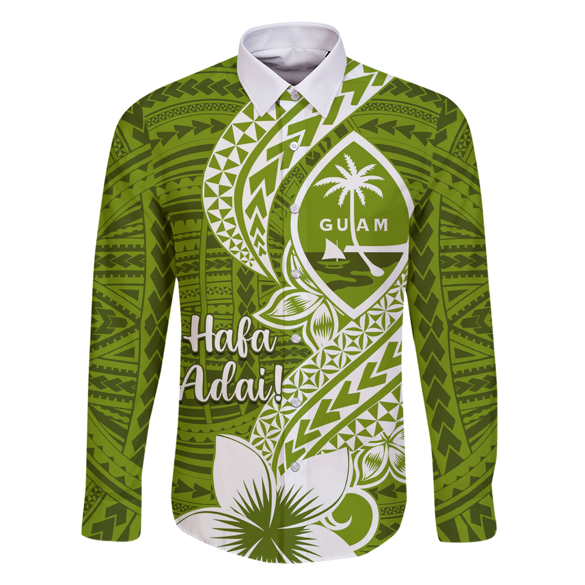 Hafa Adai Guam Family Matching Off Shoulder Maxi Dress and Hawaiian Shirt Polynesian Olive Green Blue Pattern LT01 Dad's Shirt - Long Sleeve Green - Polynesian Pride