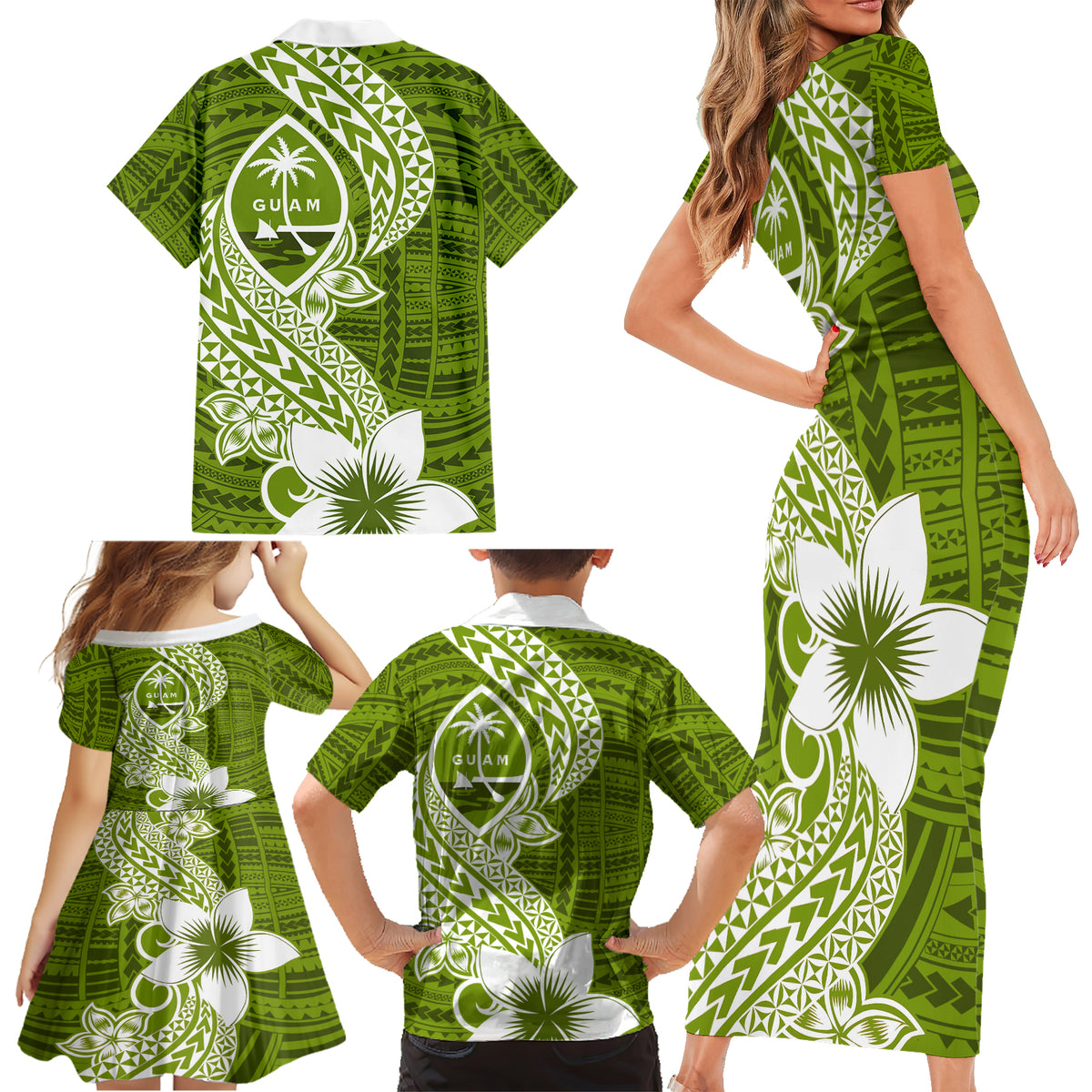 Hafa Adai Guam Family Matching Short Sleeve Bodycon Dress and Hawaiian Shirt Polynesian Olive Green Blue Pattern LT01 - Polynesian Pride