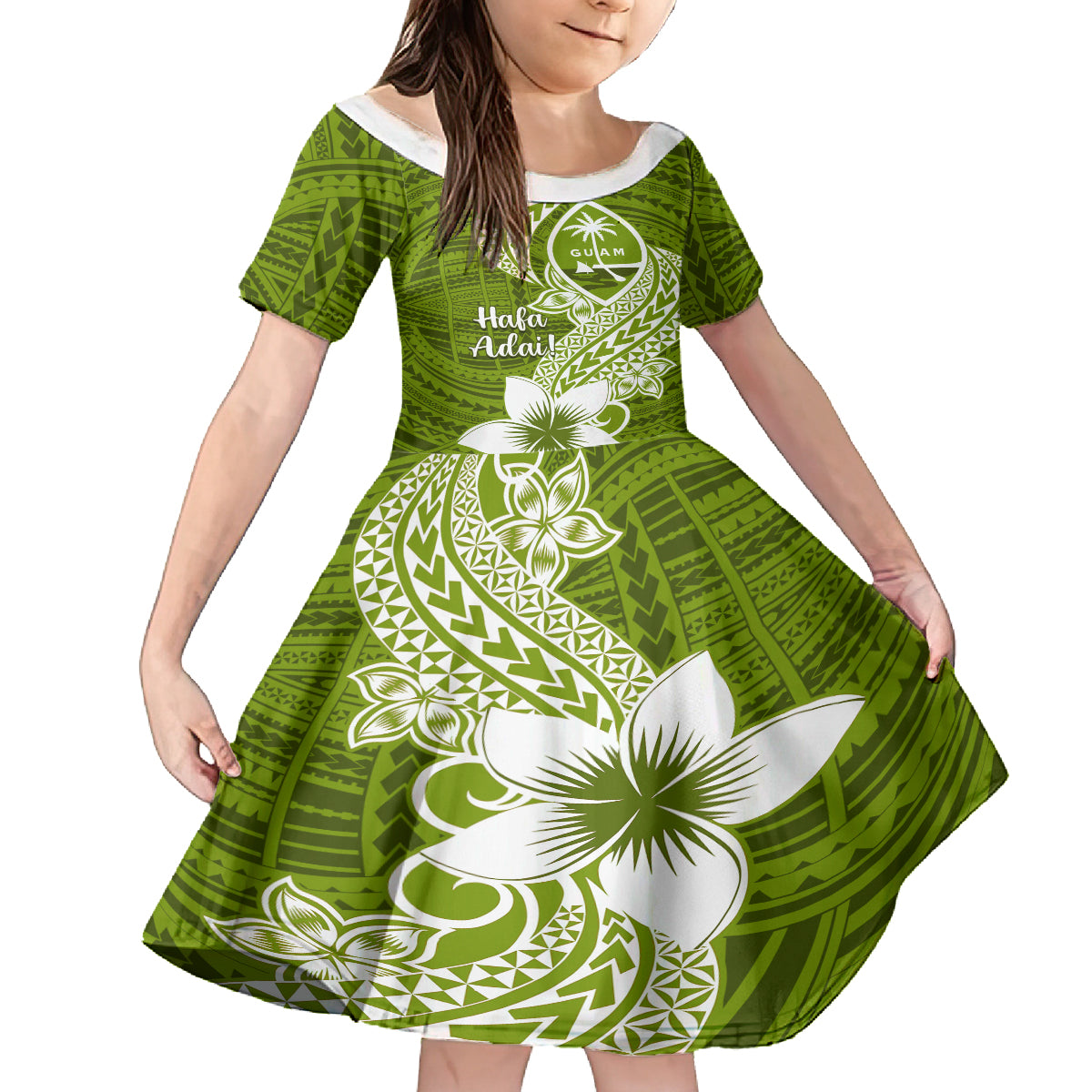 Hafa Adai Guam Family Matching Tank Maxi Dress and Hawaiian Shirt Polynesian Olive Green Blue Pattern LT01 Daughter's Dress Green - Polynesian Pride