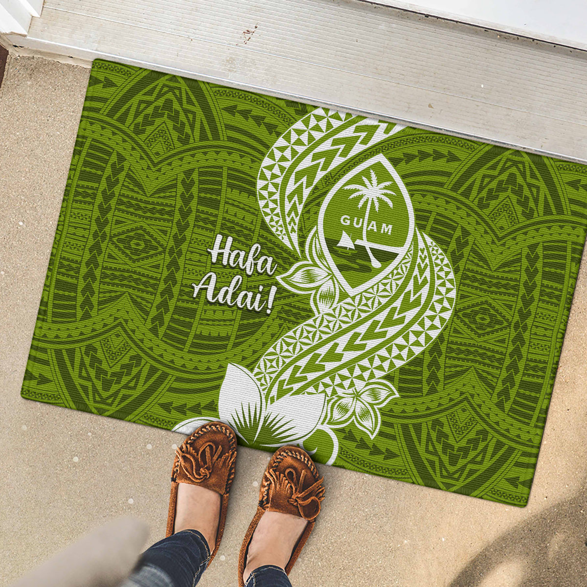 Hafa Adai Guam Rubber Doormat Polynesian Olive Green Blue Pattern LT01 - Polynesian Pride