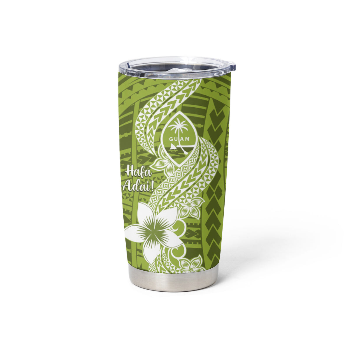 Hafa Adai Guam Tumbler Cup Polynesian Olive Green Blue Pattern