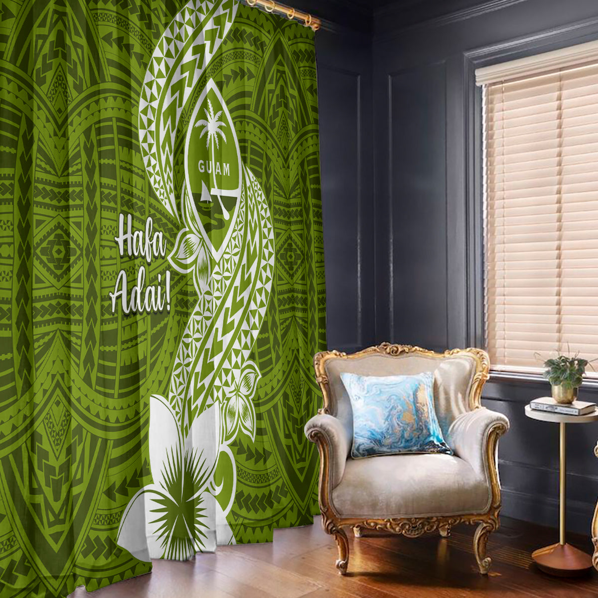 Hafa Adai Guam Window Curtain Polynesian Olive Green Blue Pattern LT01 - Polynesian Pride