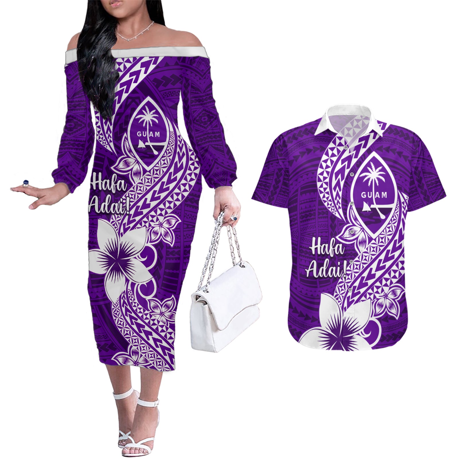 Hafa Adai Guam Couples Matching Off The Shoulder Long Sleeve Dress and Hawaiian Shirt Polynesian Floral Purple Pattern LT01 Purple - Polynesian Pride