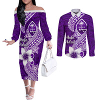 Hafa Adai Guam Couples Matching Off The Shoulder Long Sleeve Dress and Long Sleeve Button Shirt Polynesian Floral Purple Pattern LT01 Purple - Polynesian Pride