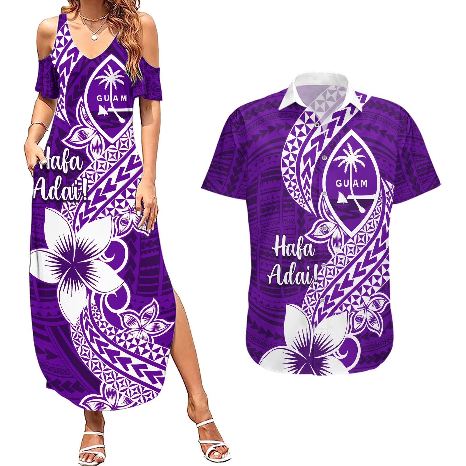 Hafa Adai Guam Couples Matching Summer Maxi Dress and Hawaiian Shirt Polynesian Floral Purple Pattern LT01 Purple - Polynesian Pride