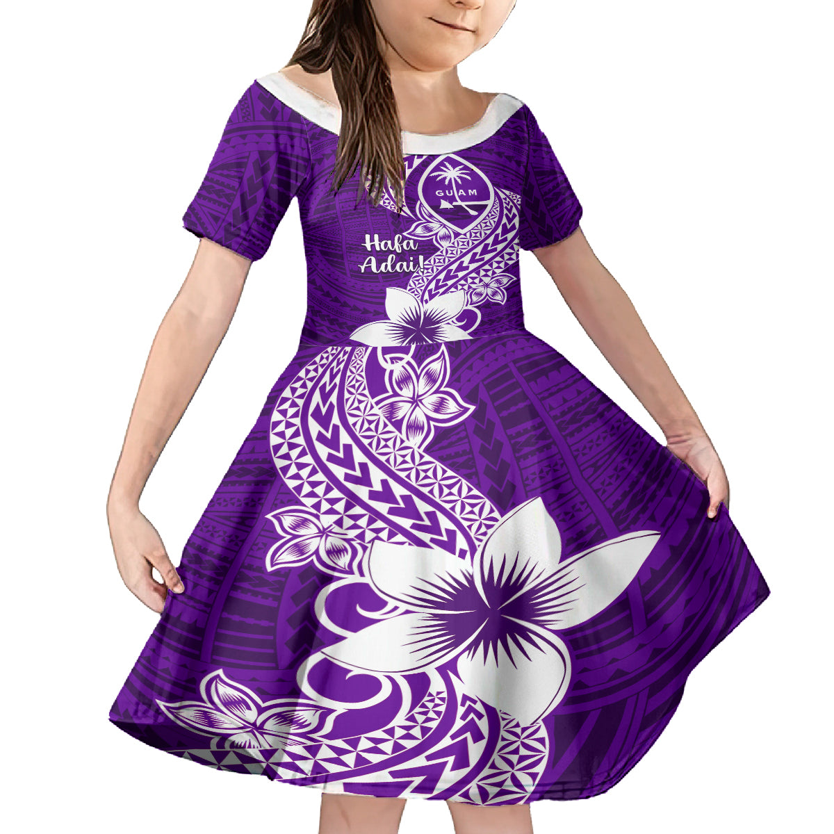 Hafa Adai Guam Kid Short Sleeve Dress Polynesian Floral Purple Pattern LT01 KID Purple - Polynesian Pride