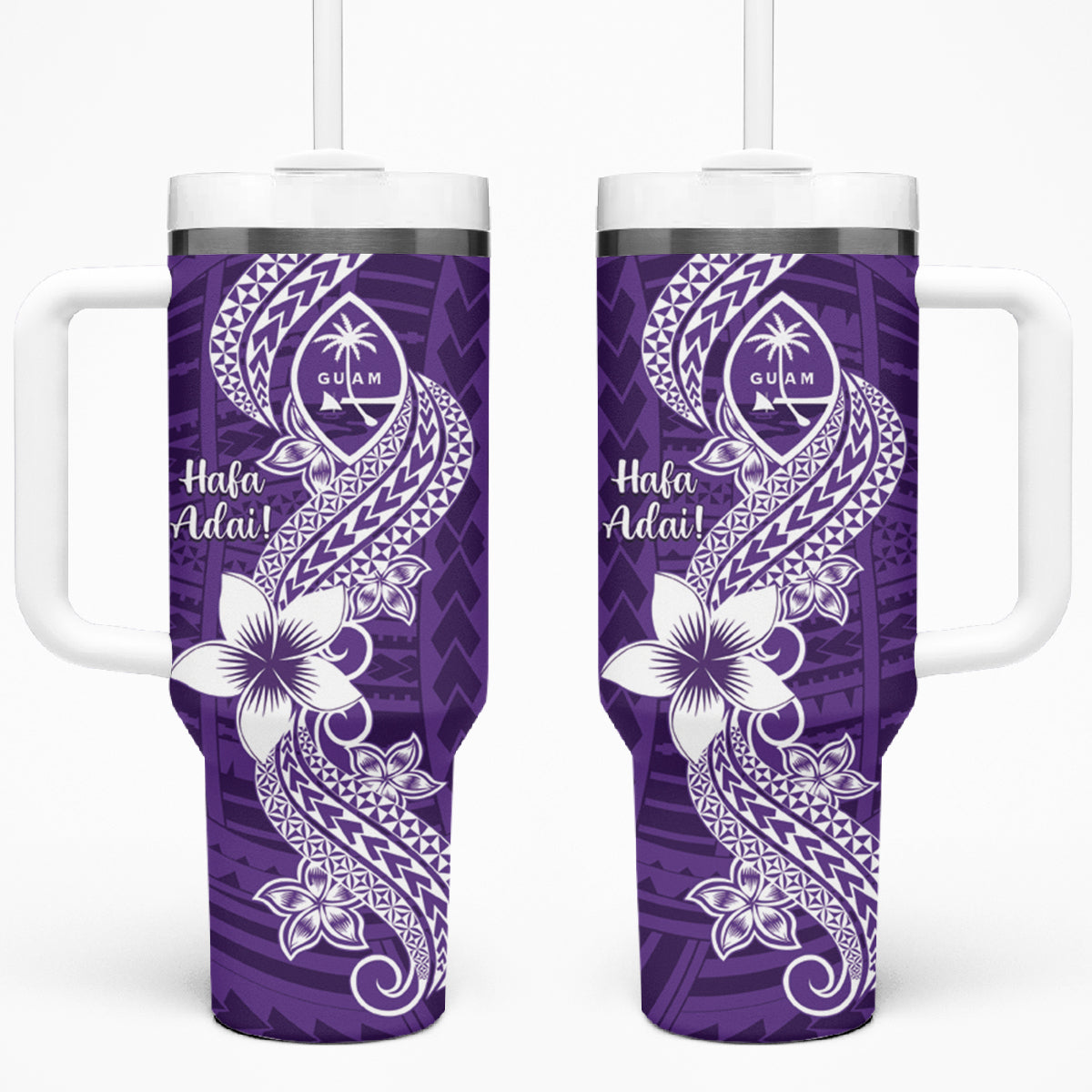 Hafa Adai Guam Tumbler With Handle Polynesian Floral Purple Pattern